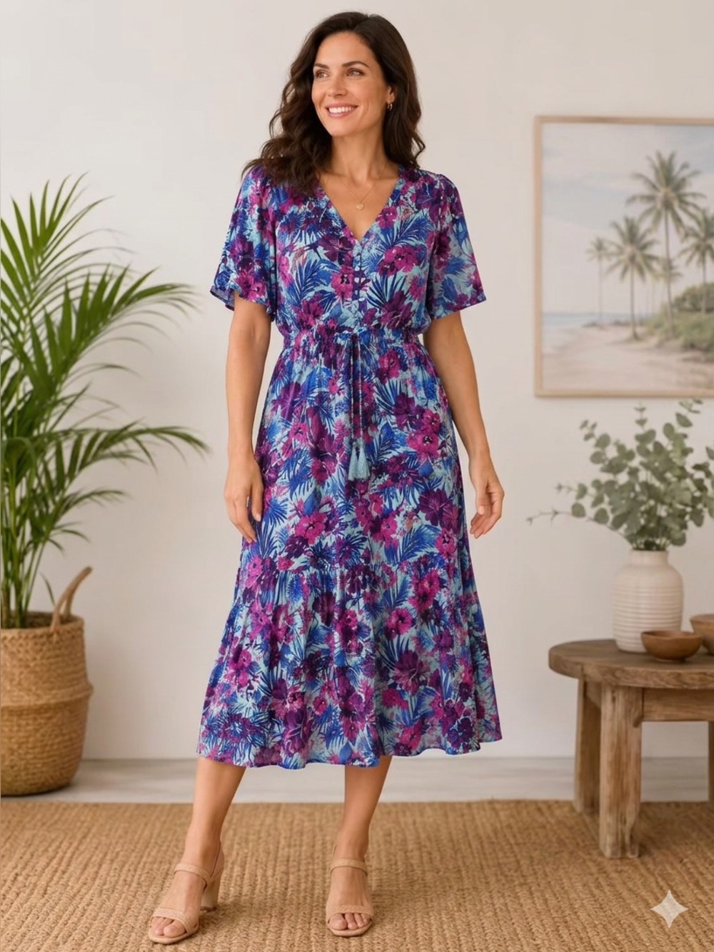 SUNDAY MI AMOR Blue Purple Tropical Floral Tiered Maxi Dress With a V-neckline